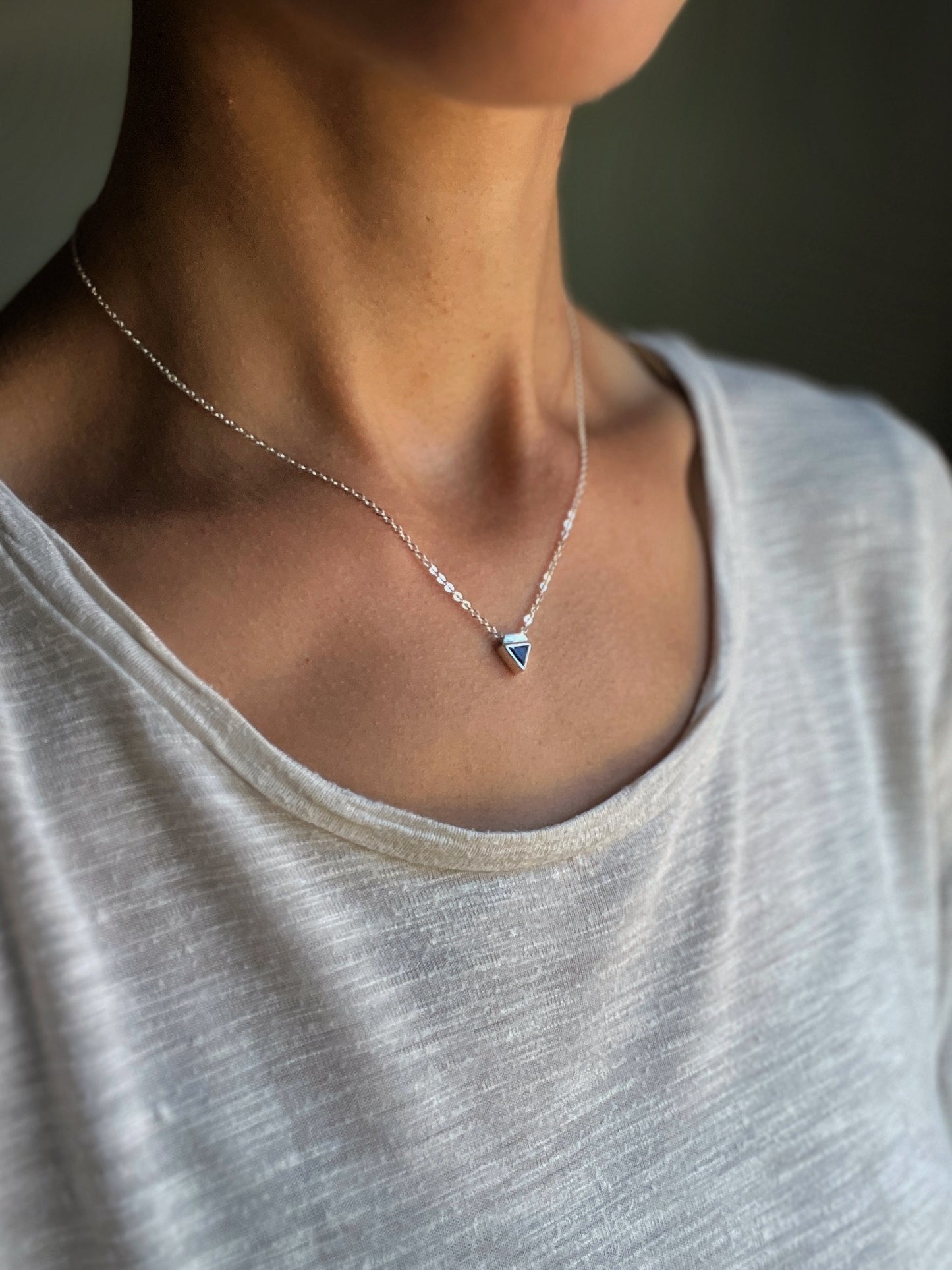tiny triangle necklace / blue cubic zirconia