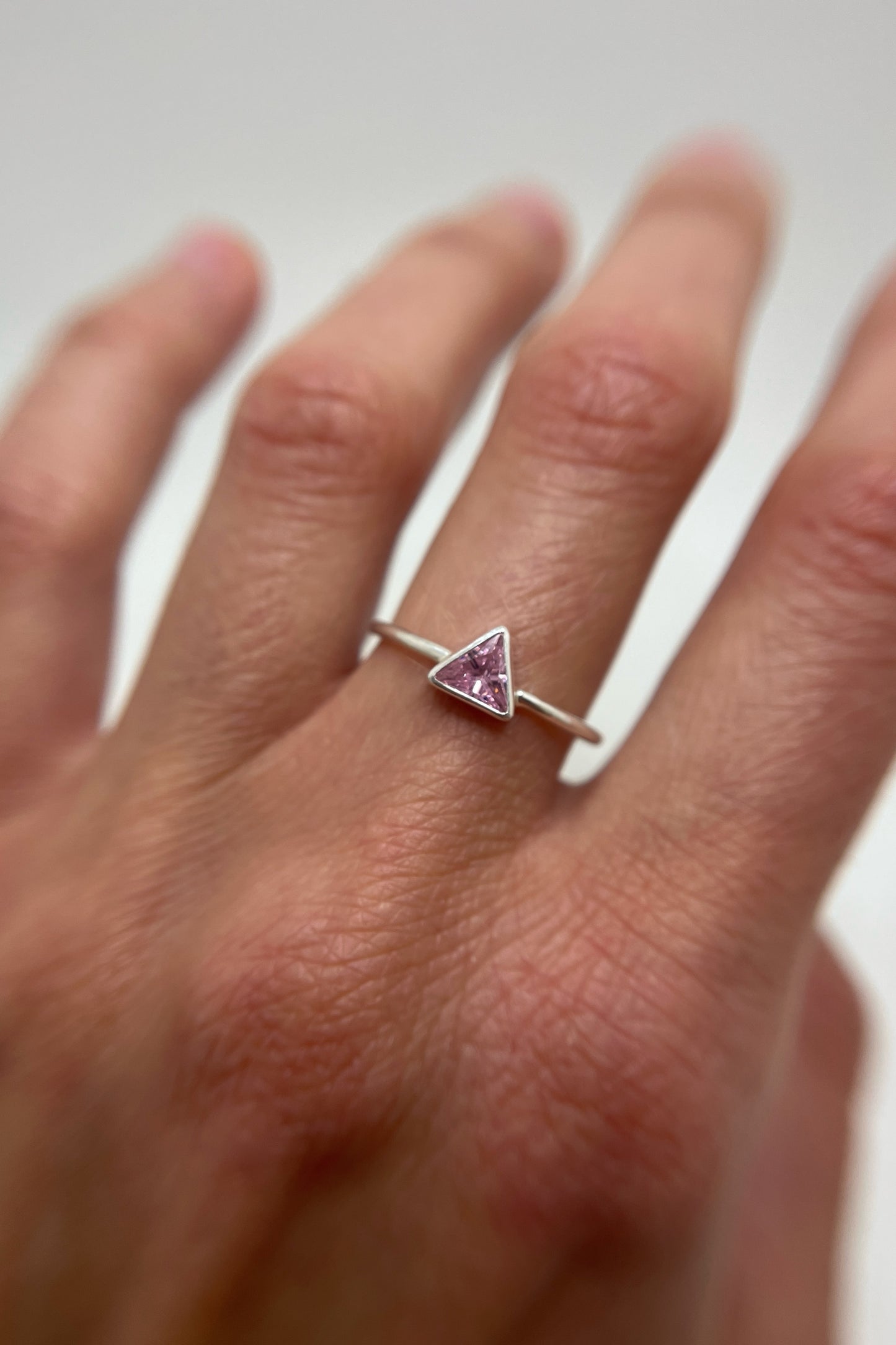 tiny triangle ring / pink cubic zirconia / size 7