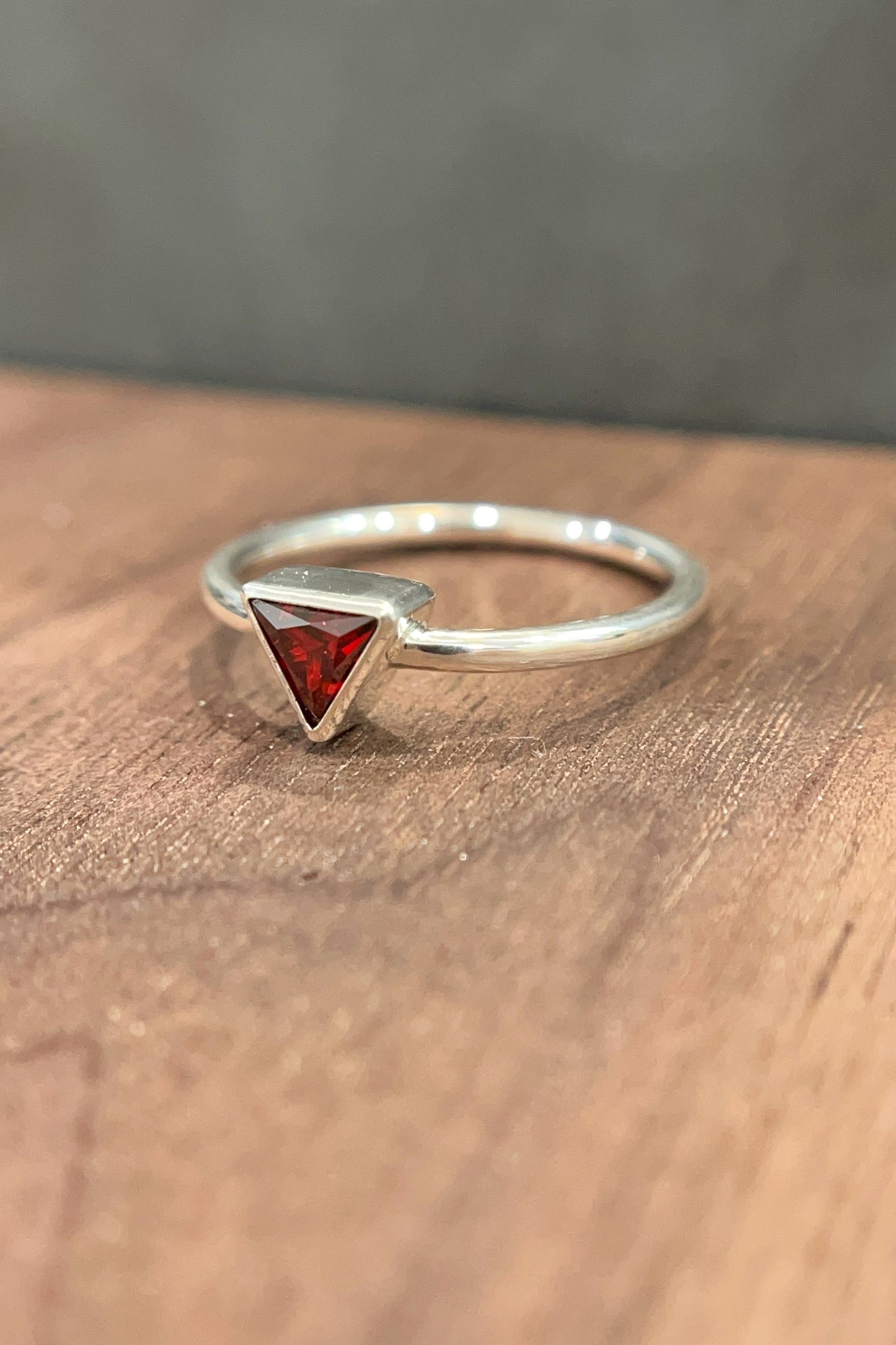 tiny triangle ring / red cubic zirconia / size 7