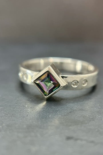 mystic topaz rotated square ring with flush sets / size 10
