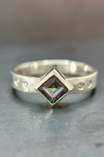 mystic topaz rotated square ring with flush sets / size 10