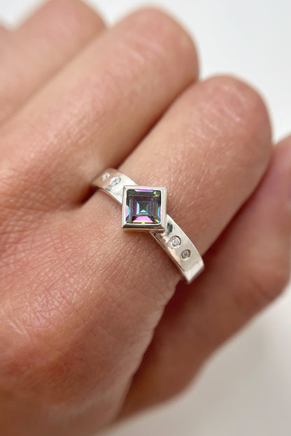 mystic topaz rotated square ring with flush sets / size 10