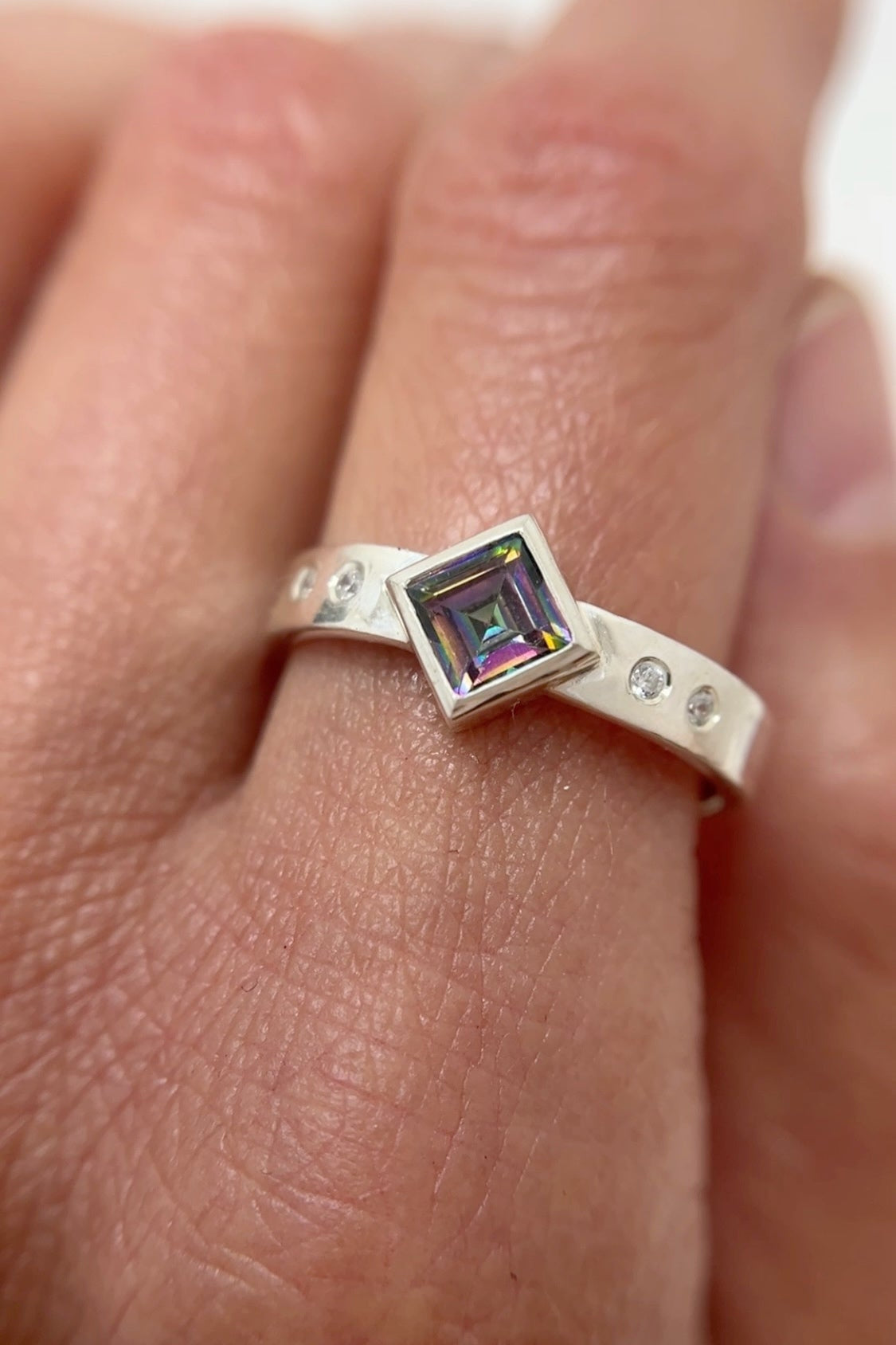 mystic topaz rotated square ring with flush sets / size 10