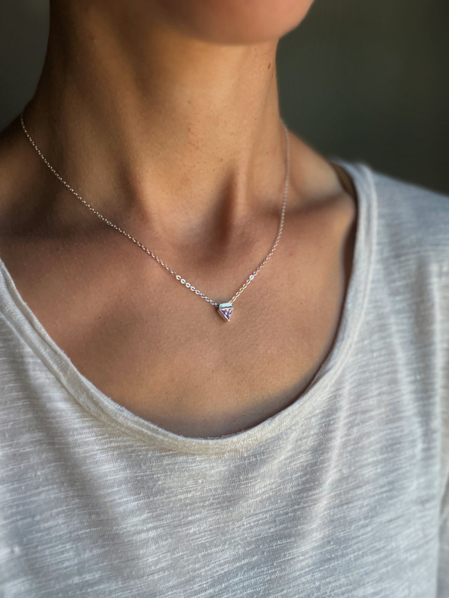 tiny triangle necklace / pink cubic zirconia