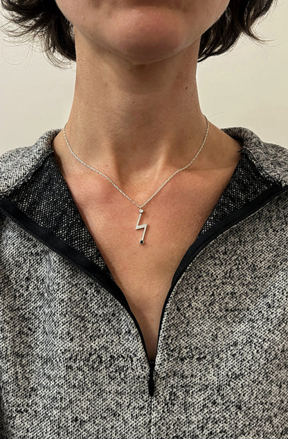 lightning bolt necklace / white cz & black spinel