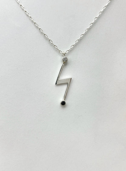 lightning bolt necklace / white cz & black spinel