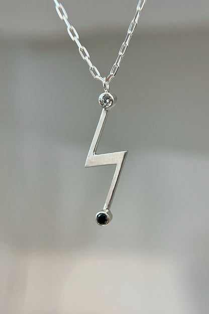 lightning bolt necklace / white cz & black spinel