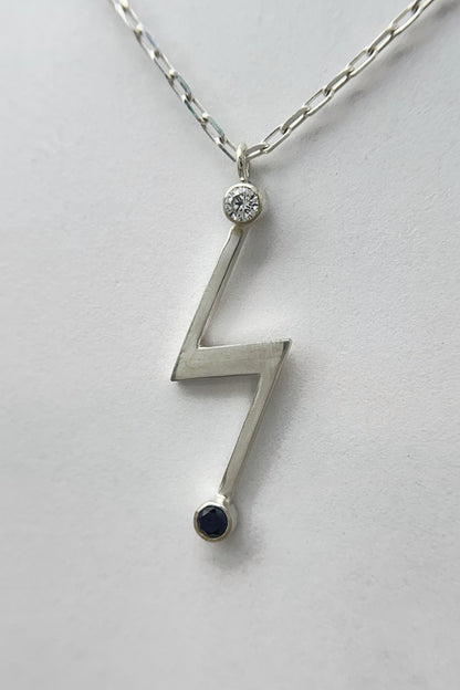 lightning bolt necklace / white cz & black spinel