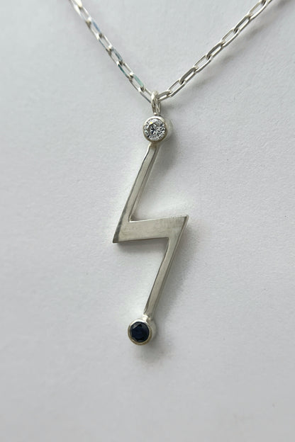 lightning bolt necklace / white cz & black spinel