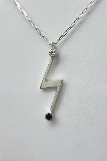 lightning bolt necklace / white cz & black spinel