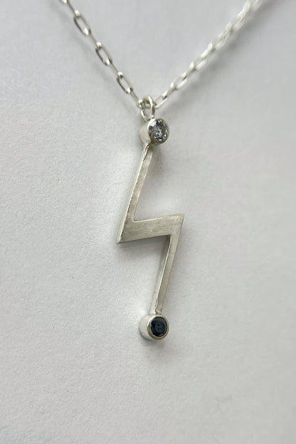 lightning bolt necklace / white cz & black spinel