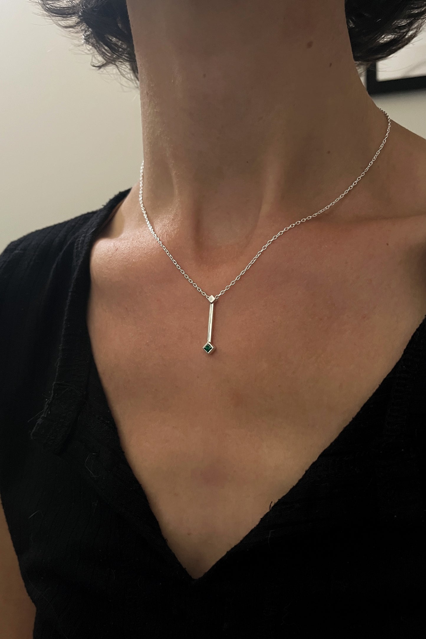 tiny droplet necklace / green cubic zirconia