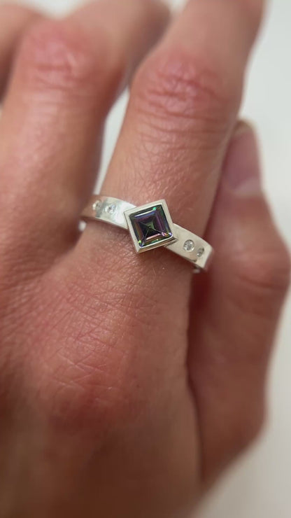 mystic topaz rotated square ring with flush sets / size 10
